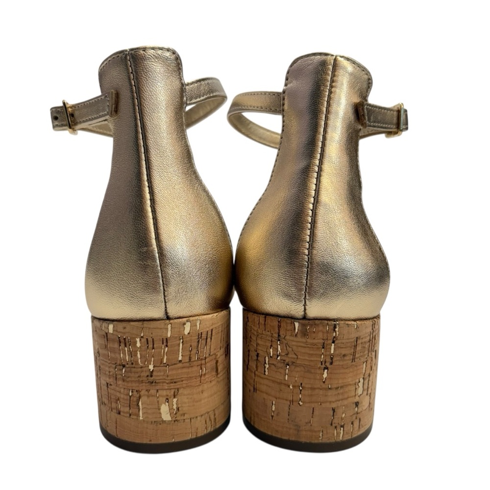 LILLY PULITZER SIZE 9 GOLD ANKLE STRAP METALLIC LEATHER CORK SHOE $138 - Picture 3 of 6